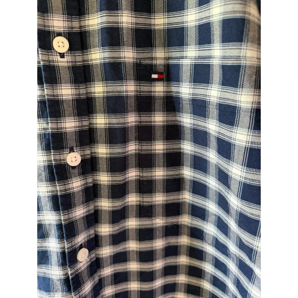 Tommy Hilfiger Mens Slim Fit Plaid Button Down Shirt Size XXL Navy Blue White